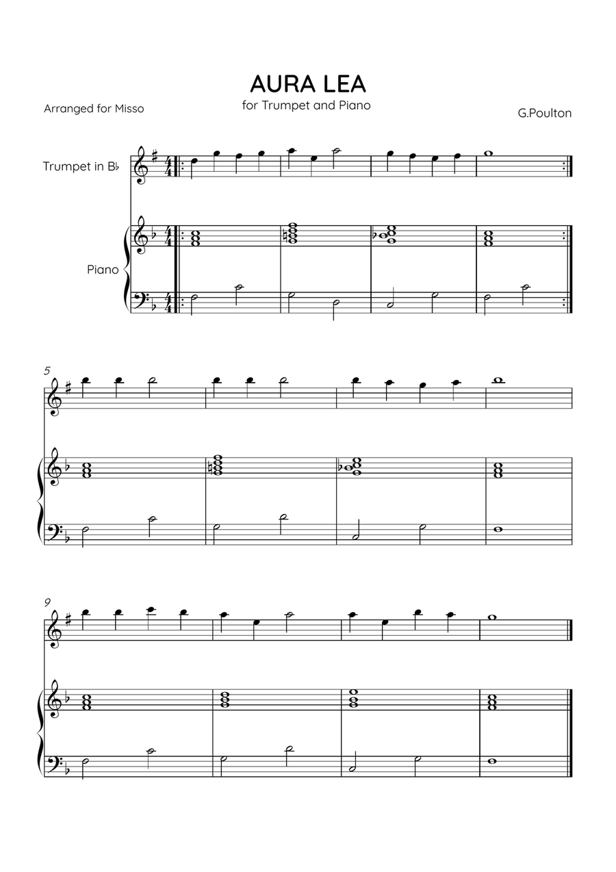 Aura Lea - Bb Trumpet and Piano in F Major - Easy Level B-Flat Trumpet scores gallery preview page 1