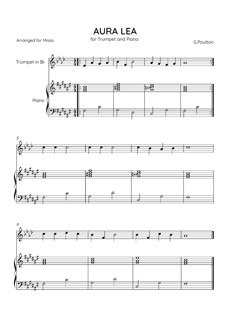 Aura Lea - Bb Trumpet and Piano in F# Major - Easy Level B-Flat Trumpet scores gallery preview page 1