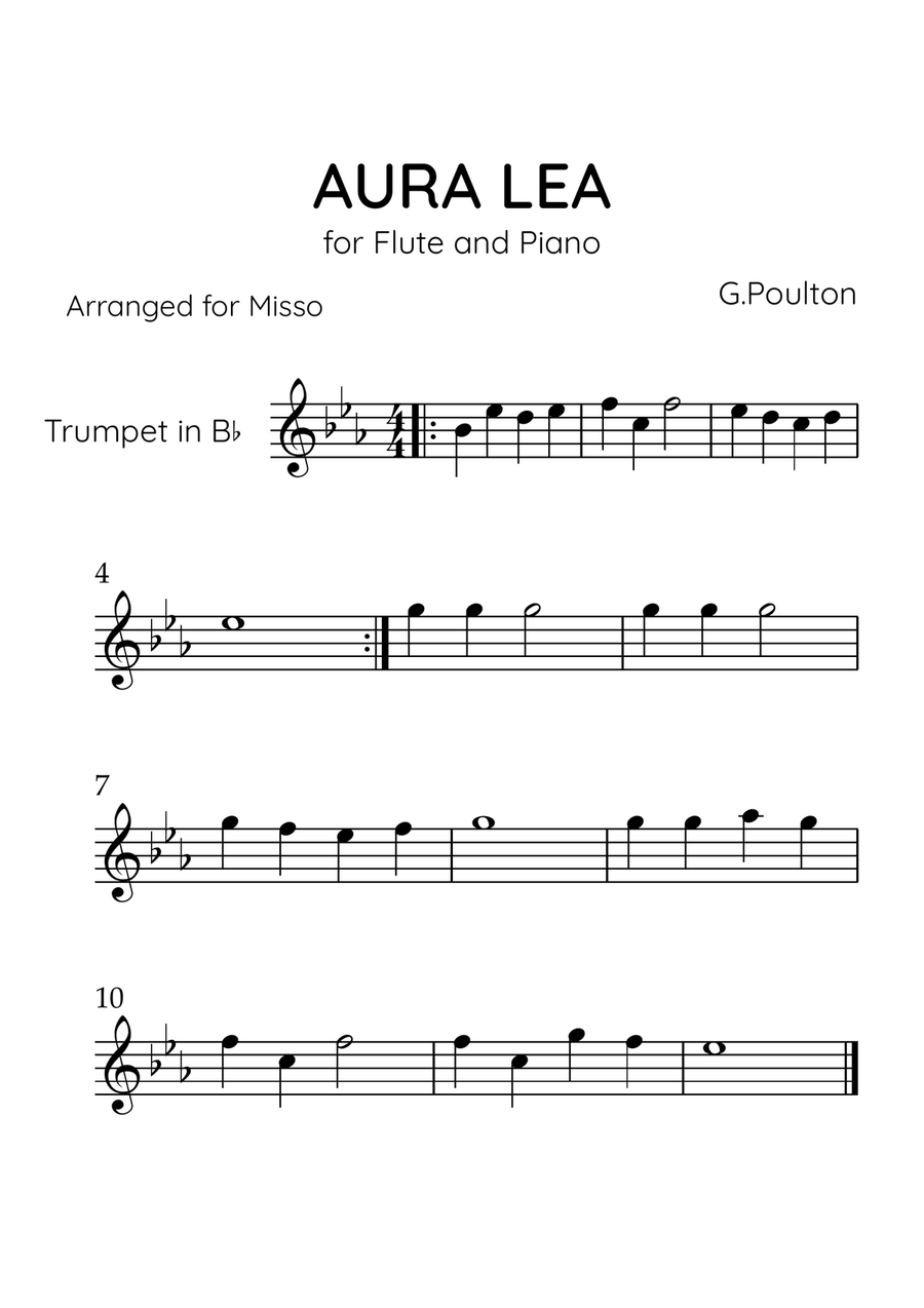 Aura Lea - Trumpet in Db Major - Easy Level Trumpet Solo scores gallery preview page 1