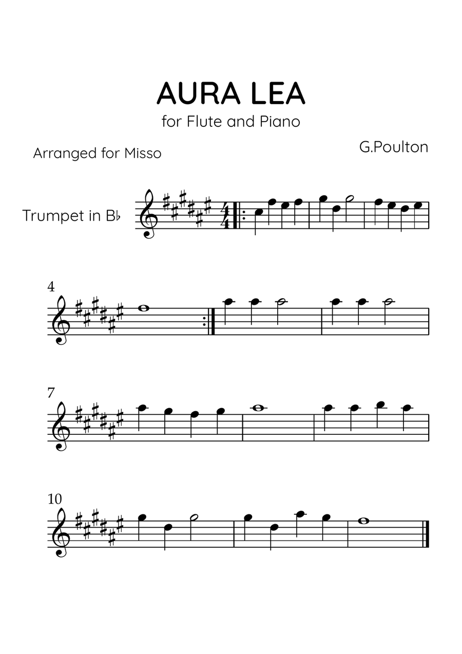 Aura Lea - Trumpet in E Major - Easy Level Trumpet Solo scores gallery preview page 1
