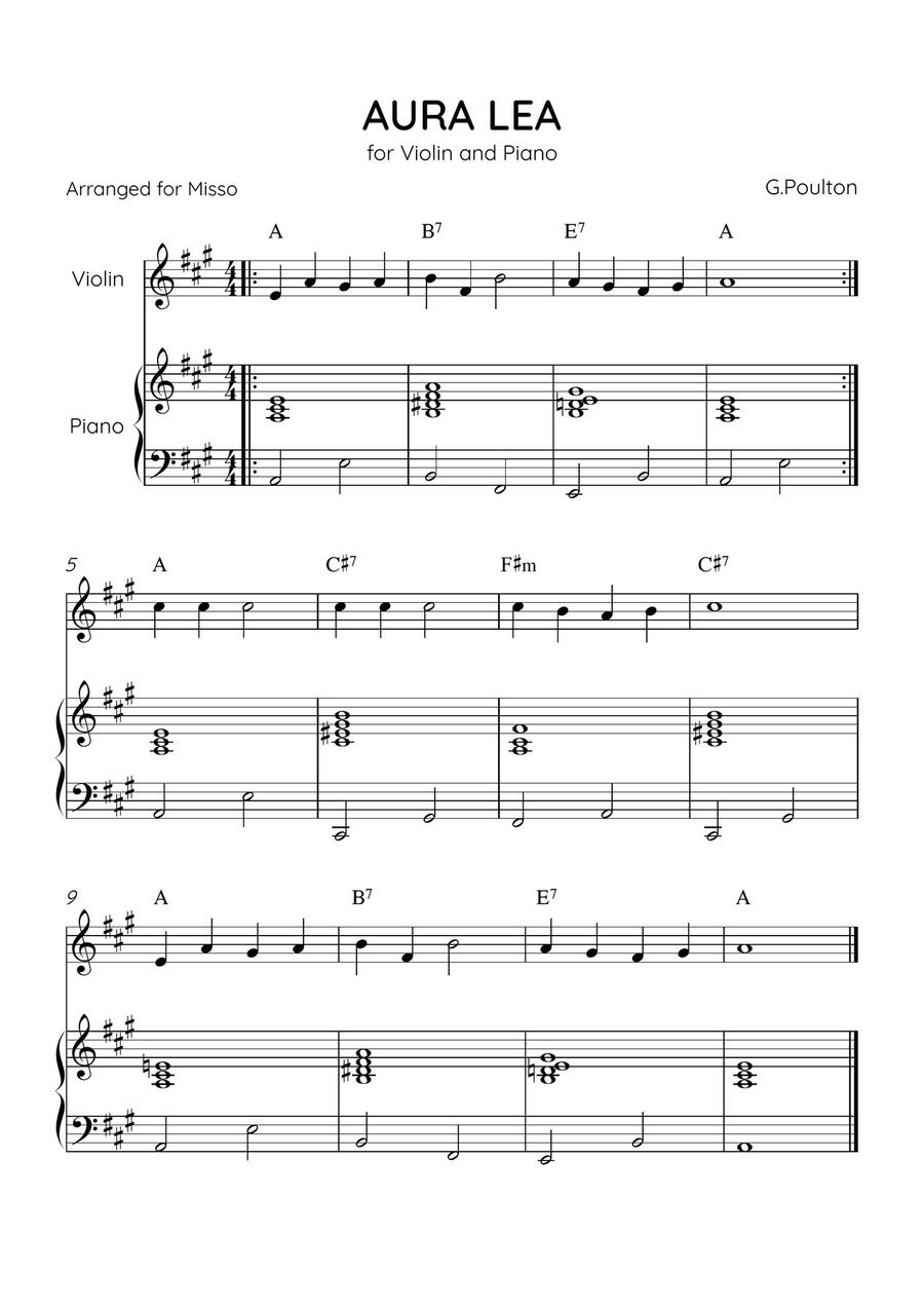 Aura Lea - Violin and Piano in A Major - Easy Level With Chords Violin Solo scores gallery preview page 1