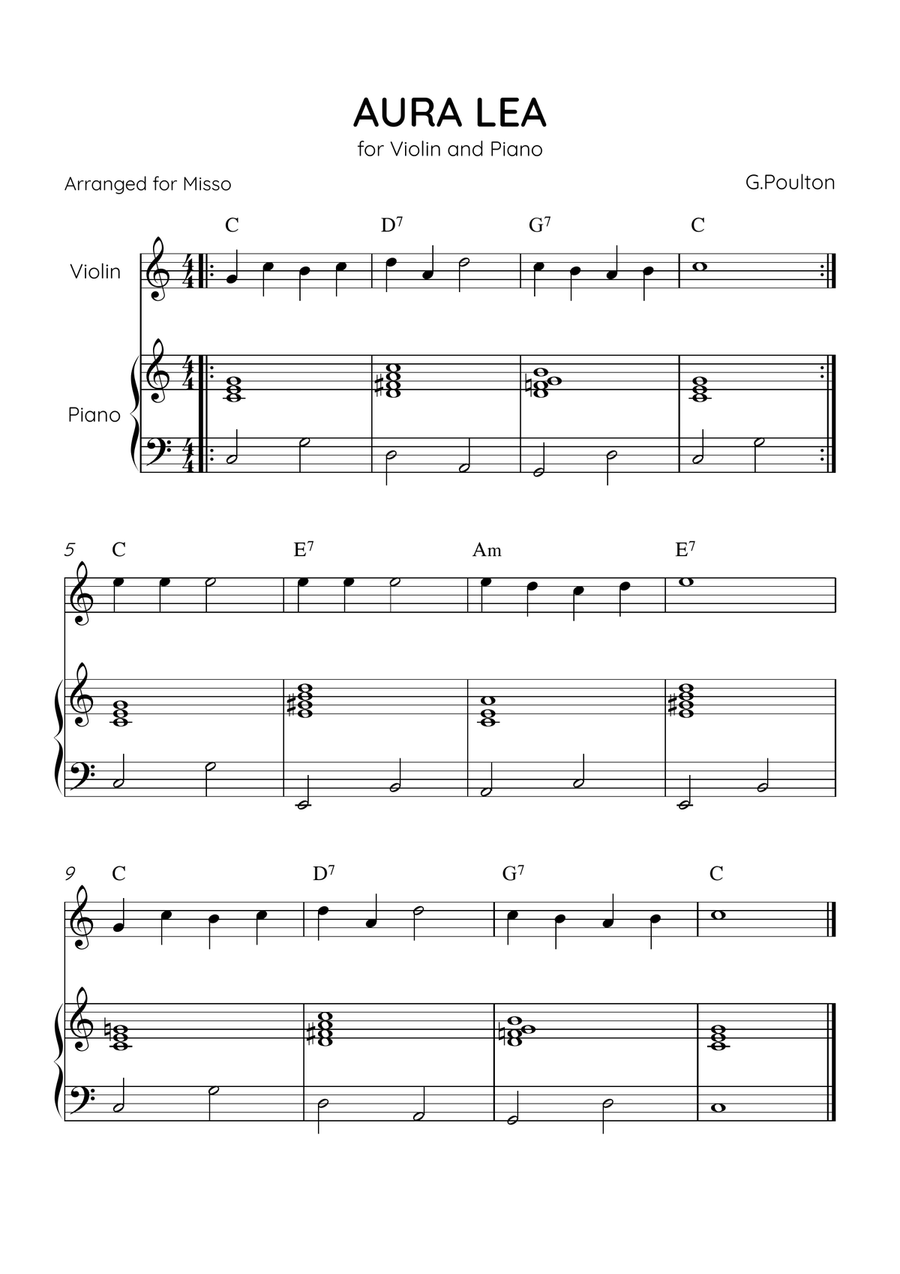Aura Lea - Violin and Piano in C Major - Easy Level With Chords Violin Solo scores gallery preview page 1