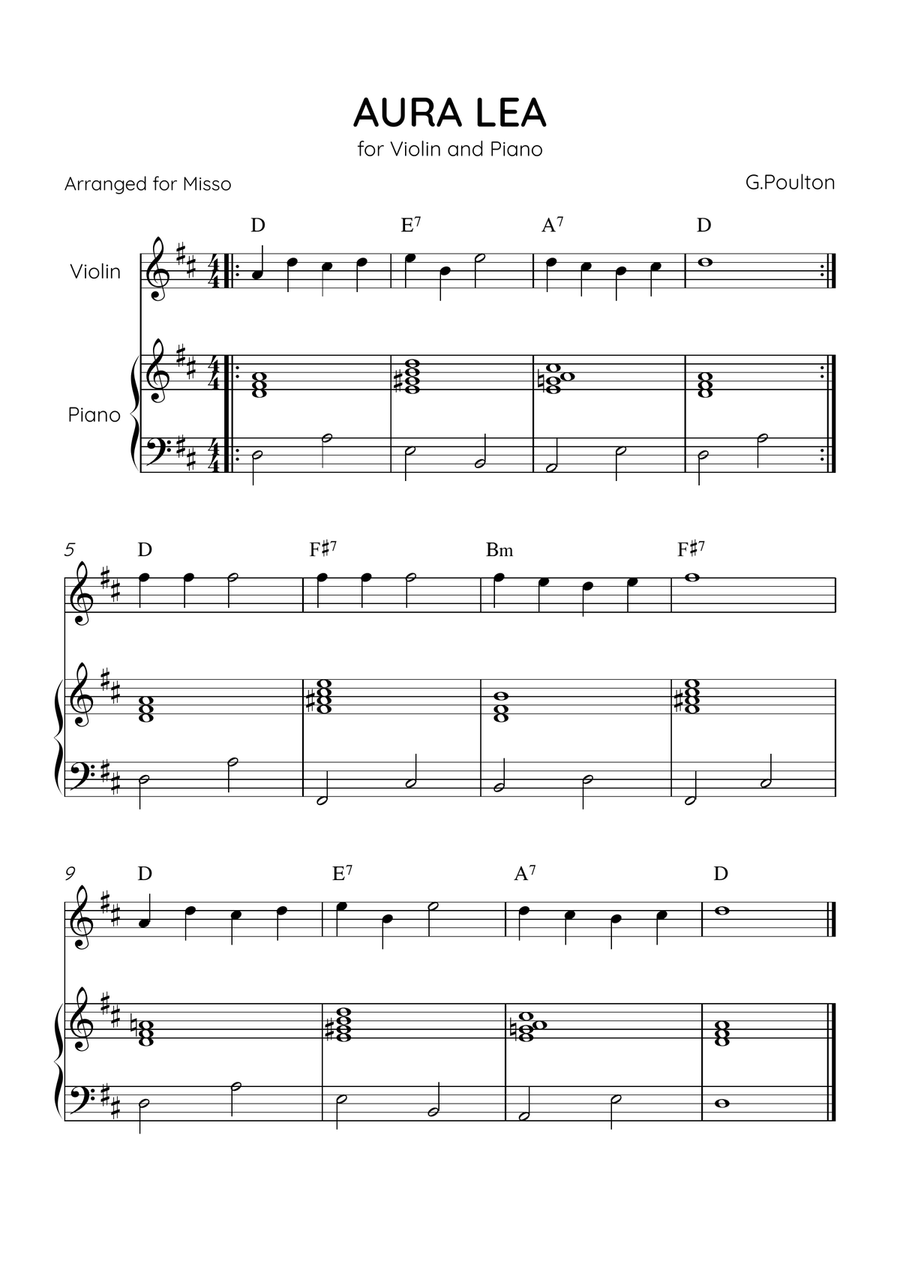 Aura Lea - Violin and Piano in D Major - Easy Level With Chords Violin Solo scores gallery preview page 1
