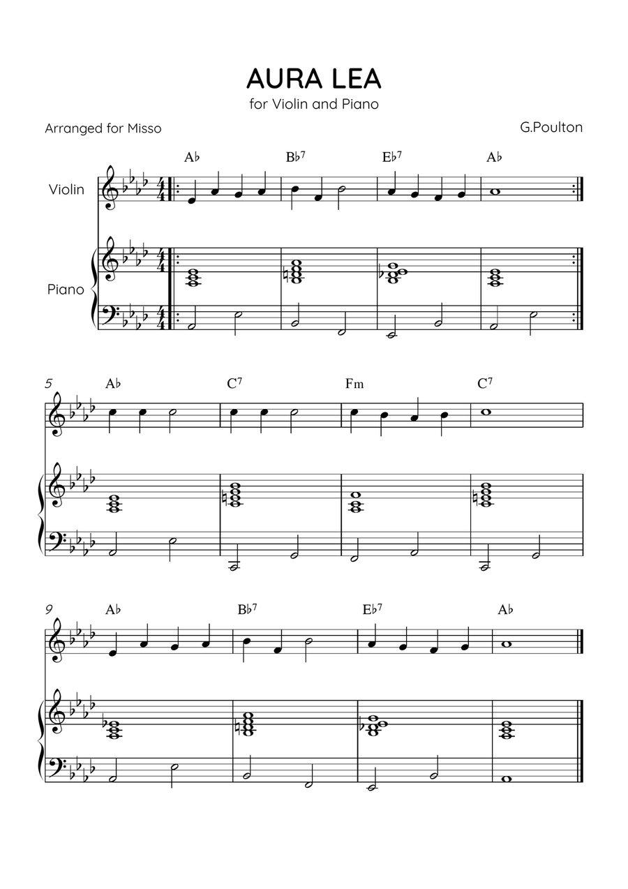 Aura Lea - Violin and Piano in Ab Major - Easy Level With Chords Violin Solo scores gallery preview page 1
