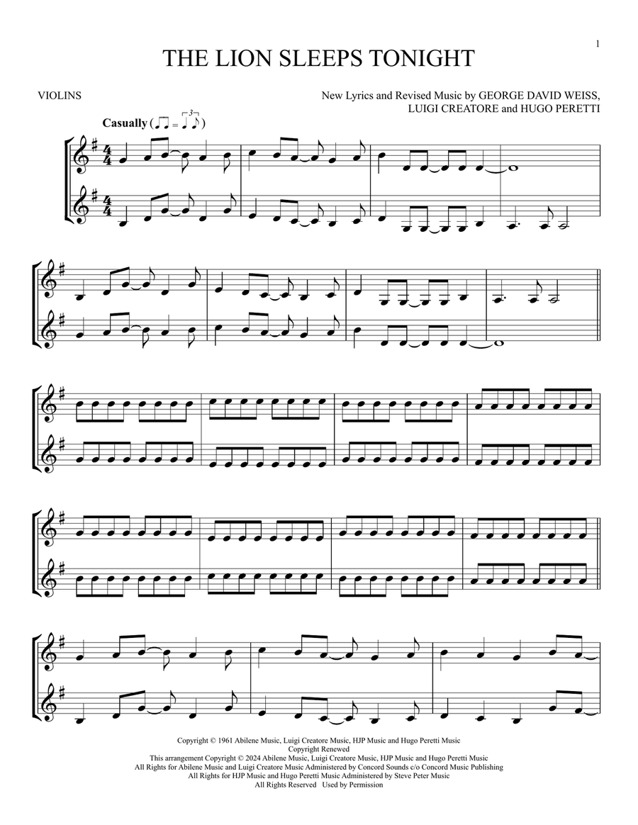 The Lion Sleeps Tonight The Lion Sleeps Tonight String Duet scores gallery preview page 1