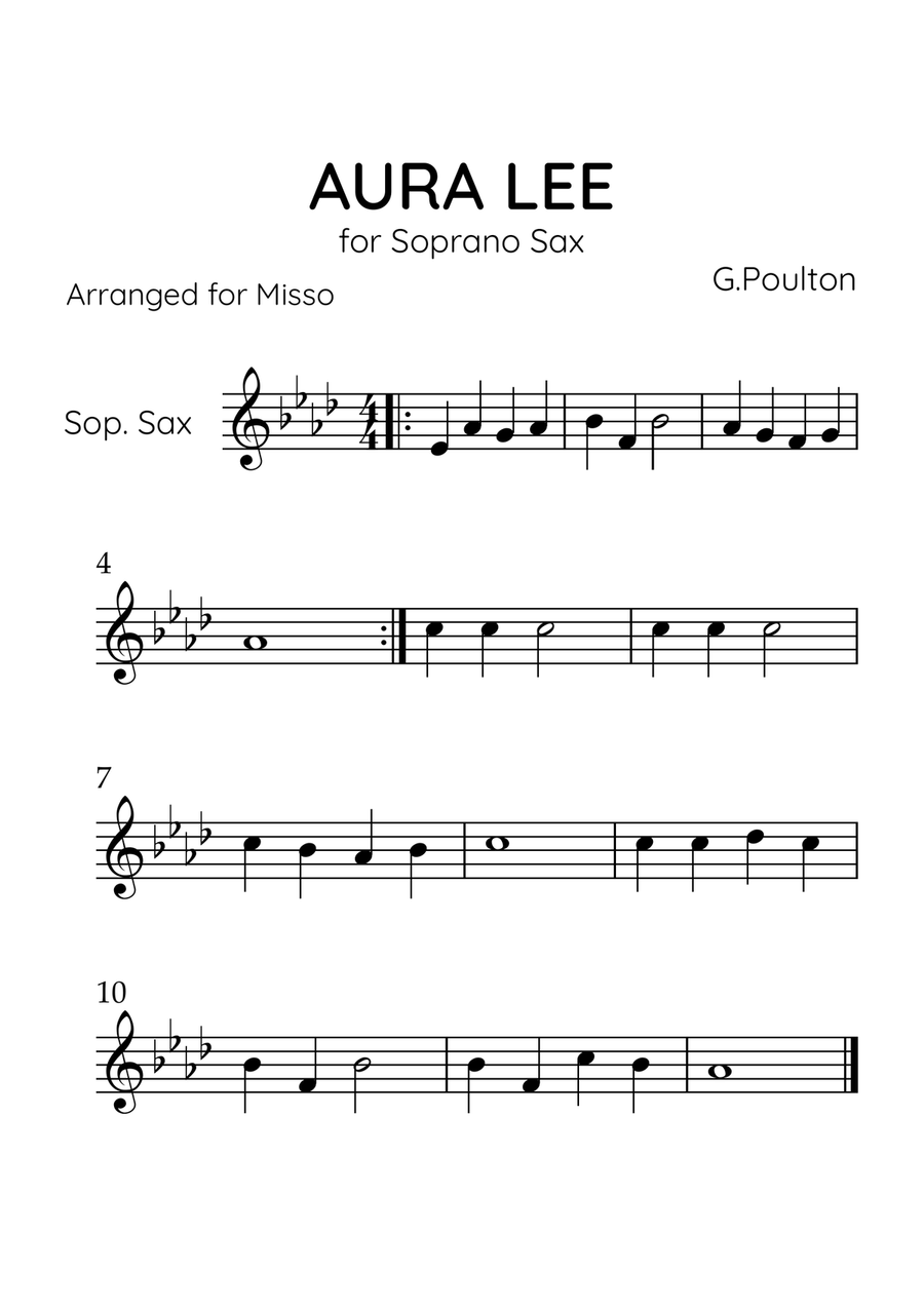 Aura Lea - Soprano Sax in Ab Major - Easy Level Soprano Saxophone scores gallery preview page 1