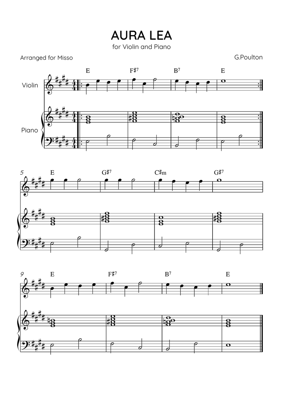 Aura Lea - Violin and Piano in E Major - Easy Level With Chords Violin Solo scores gallery preview page 1