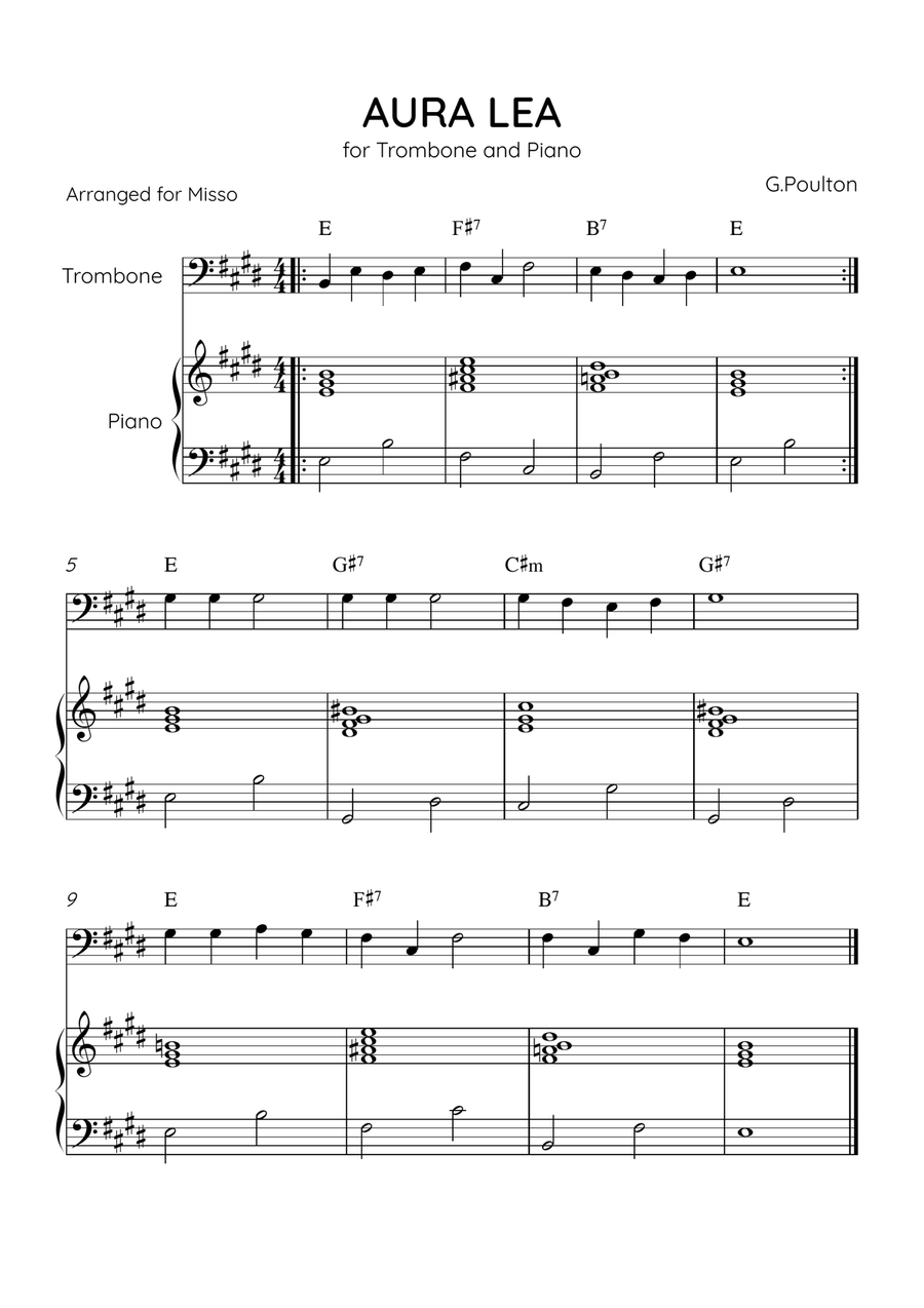 Aura Lea - Trombone and Piano in E Major - Easy Level With Chords Piano Accompaniment scores gallery preview page 1