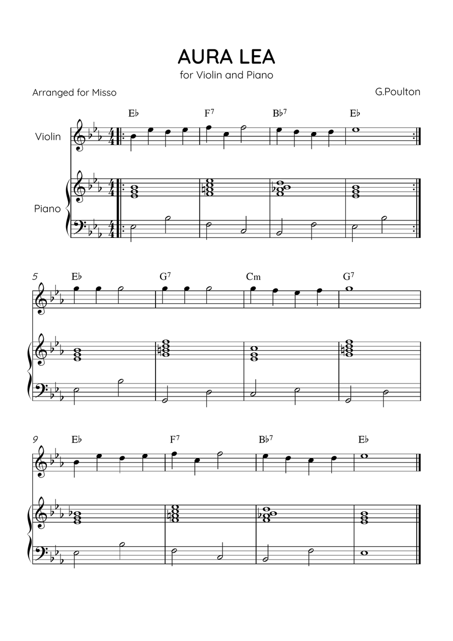 AURA LEA - Violin and Piano in Eb Major - Easy Level With Chords Violin Solo scores gallery preview page 1