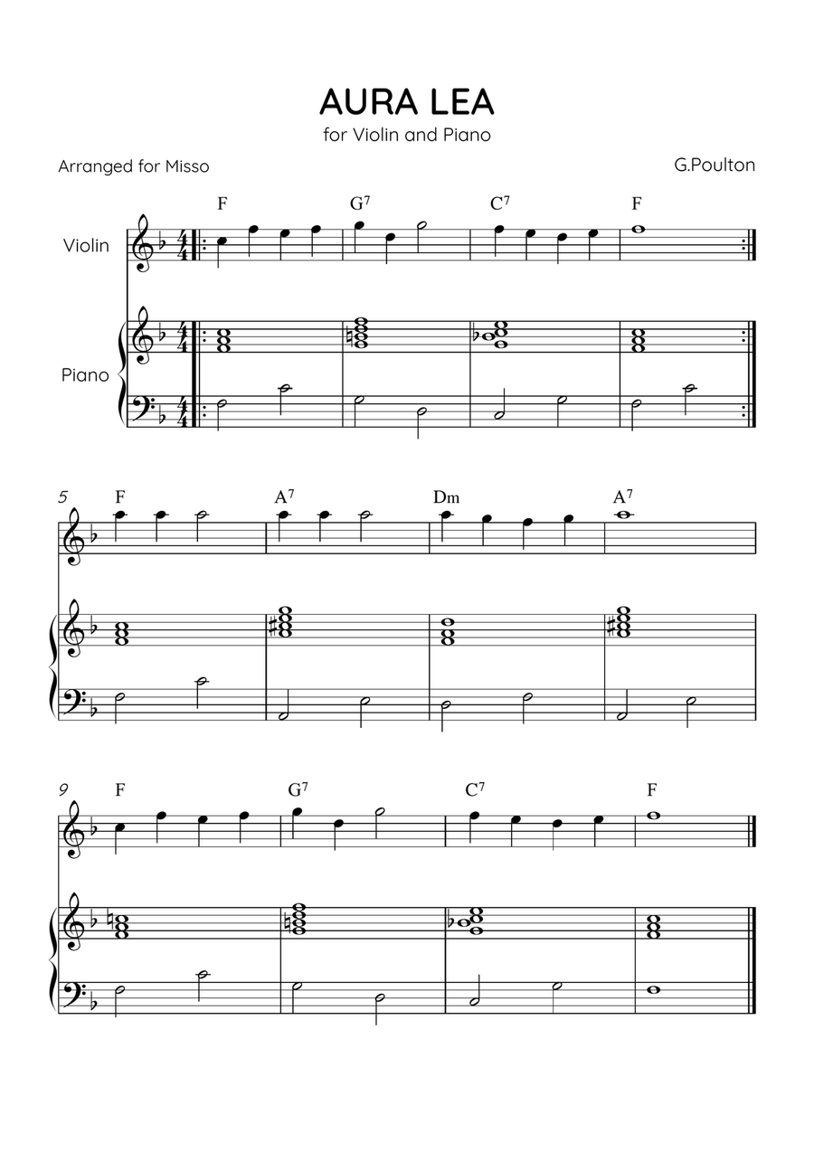 Aura Lea - Violin and Piano in F Major - Easy Level With Chords Violin Solo scores gallery preview page 1