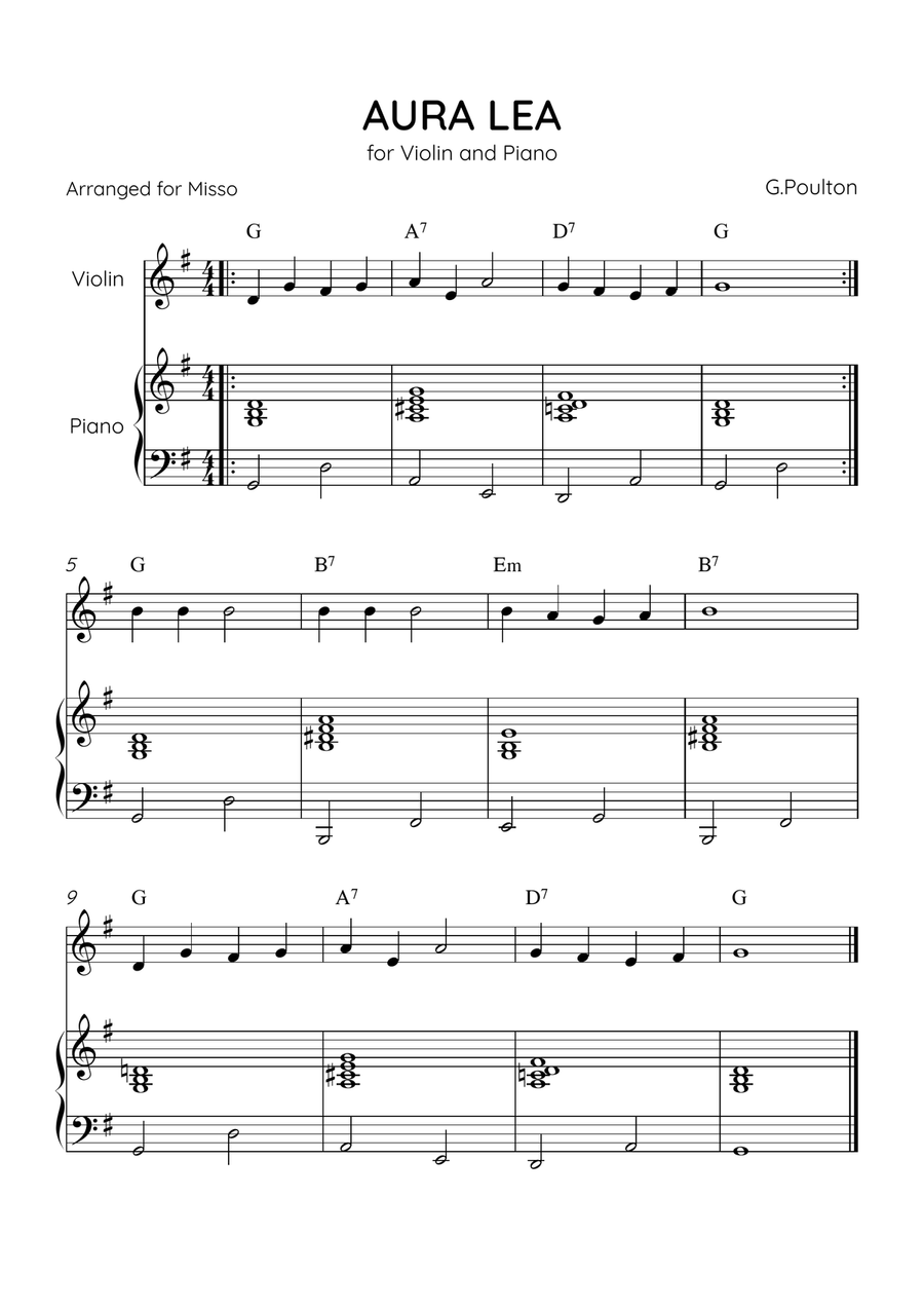 Aura Lea - Violin and Piano in G Major - Easy Level With Chords Violin Solo scores gallery preview page 1