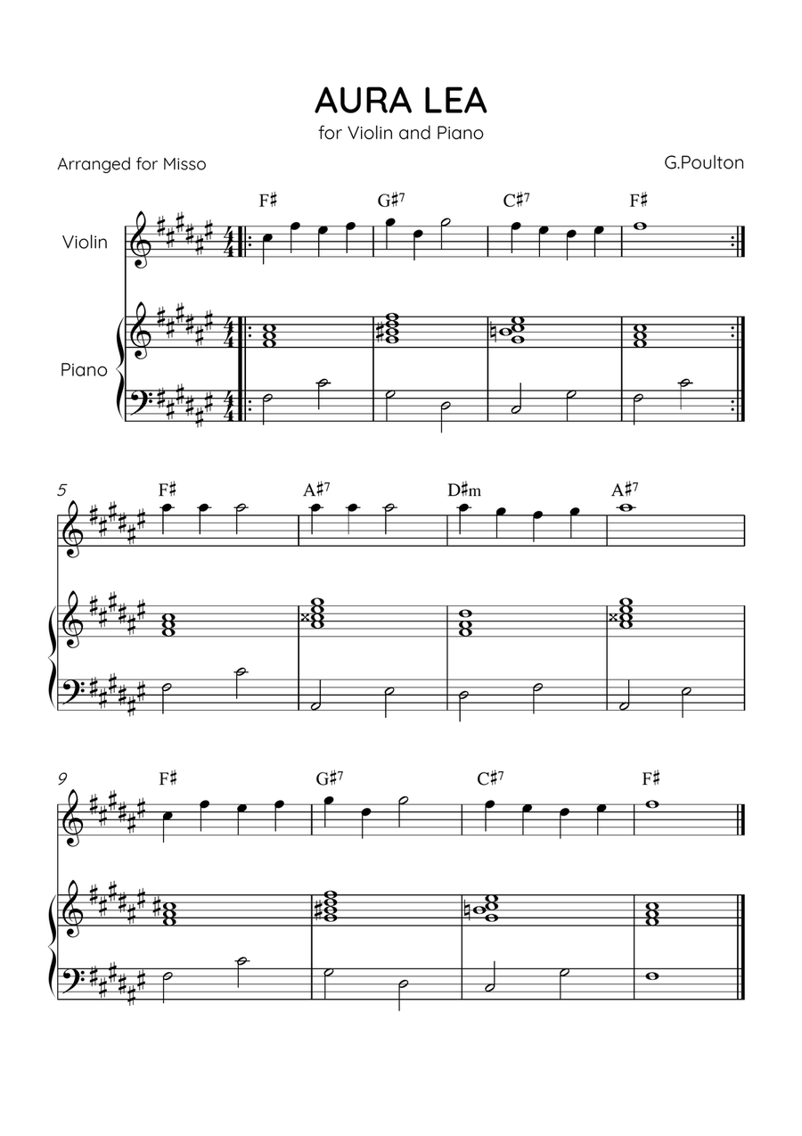 Aura Lea - Violin and Piano in F# Major - Easy Level With Chords Violin Solo scores gallery preview page 1
