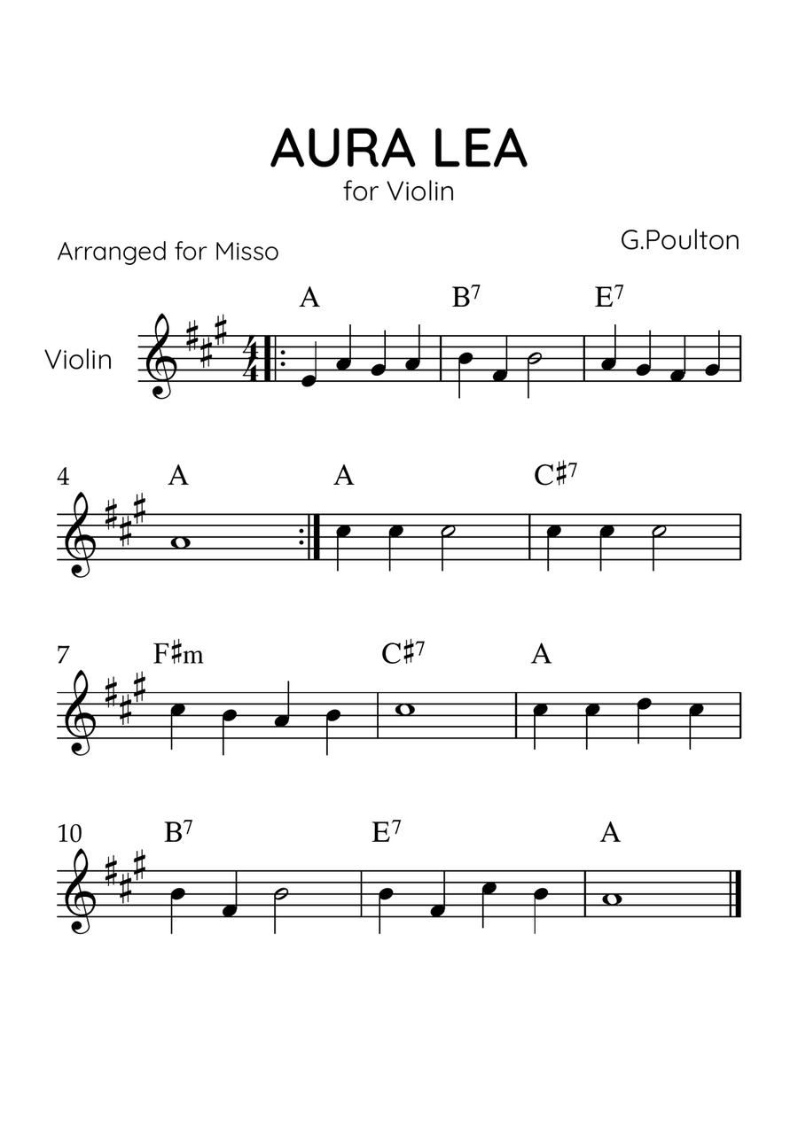 Aura Lea - Violin Solo in A Major - Easy Level With Chords Violin Solo scores gallery preview page 1