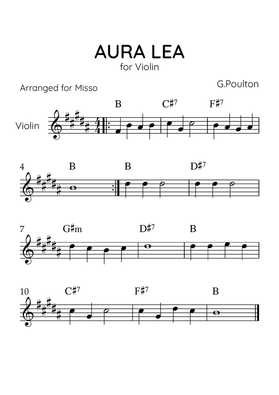 Aura Lea - Violin Solo in B Major - Easy Level With Chords Violin Solo scores gallery preview page 1