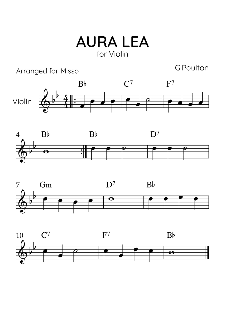 Aura Lea - Violin Solo in Bb Major - Easy Level With Chords Violin Solo scores gallery preview page 1