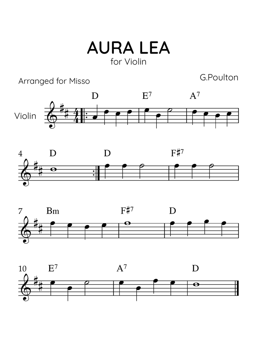 Aura Lea - Violin Solo in D Major - Easy Level With Chords Violin Solo scores gallery preview page 1