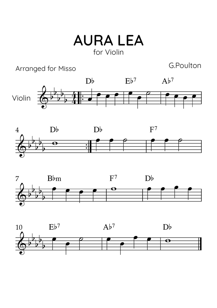 Aura Lea - Violin Solo in Db Major - Easy Level With Chords Violin Solo scores gallery preview page 1