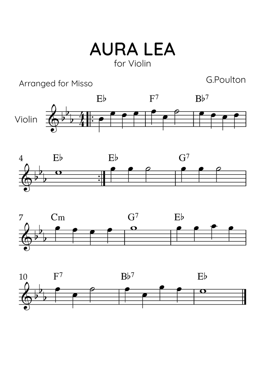 Aura Lea - Violin Solo in Eb Major - Easy Level With Chords Violin Solo scores gallery preview page 1