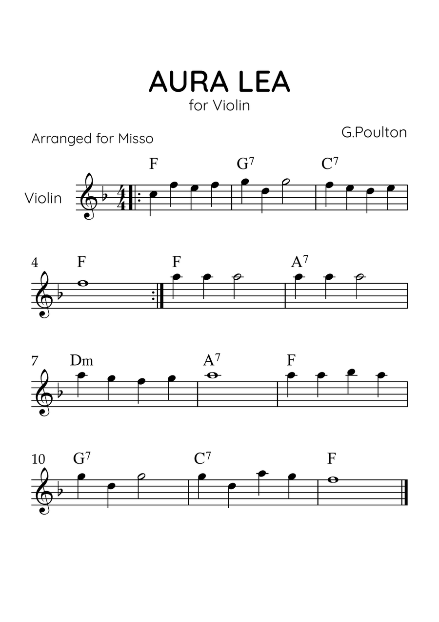 Aura Lea - Violin Solo in F Major - Easy Level With Chords Violin Solo scores gallery preview page 1