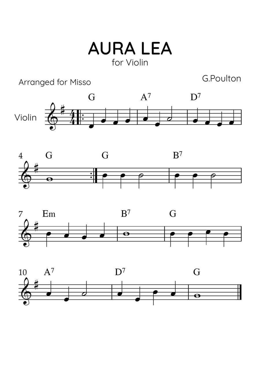 Aura Lea - Violin Solo in G Major - Easy Level With Chords Violin Solo scores gallery preview page 1