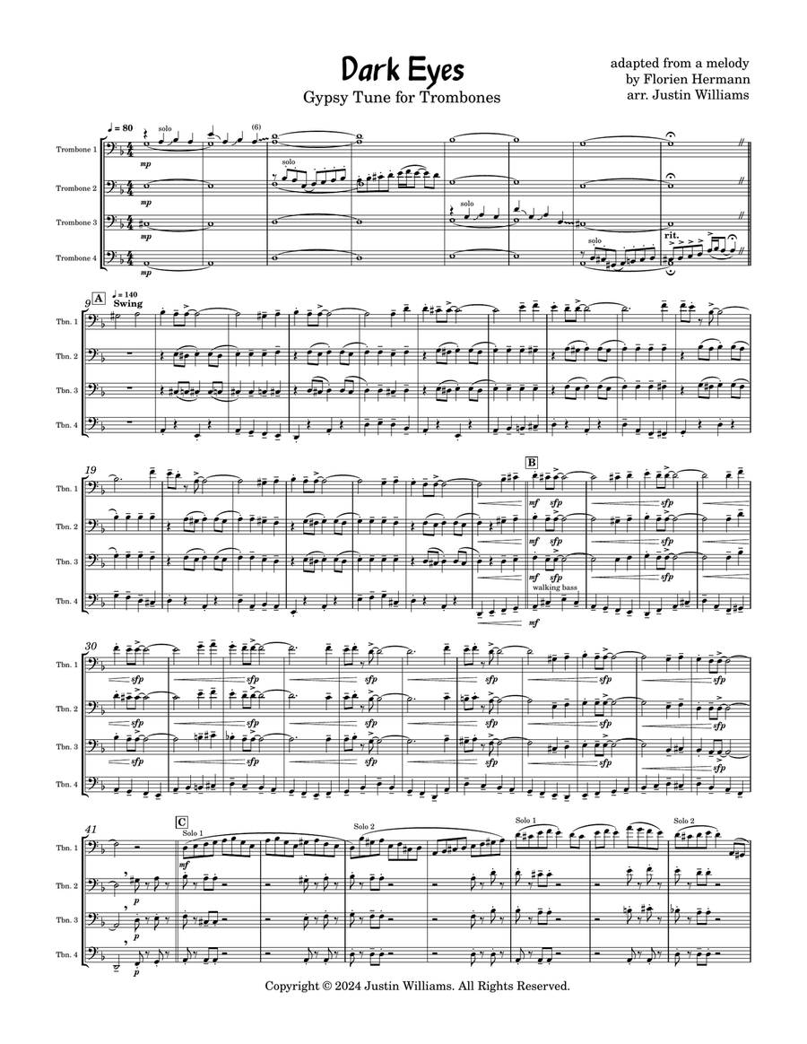 Dark Eyes for Trombone Ensemble Brass Quartet scores gallery preview page 1