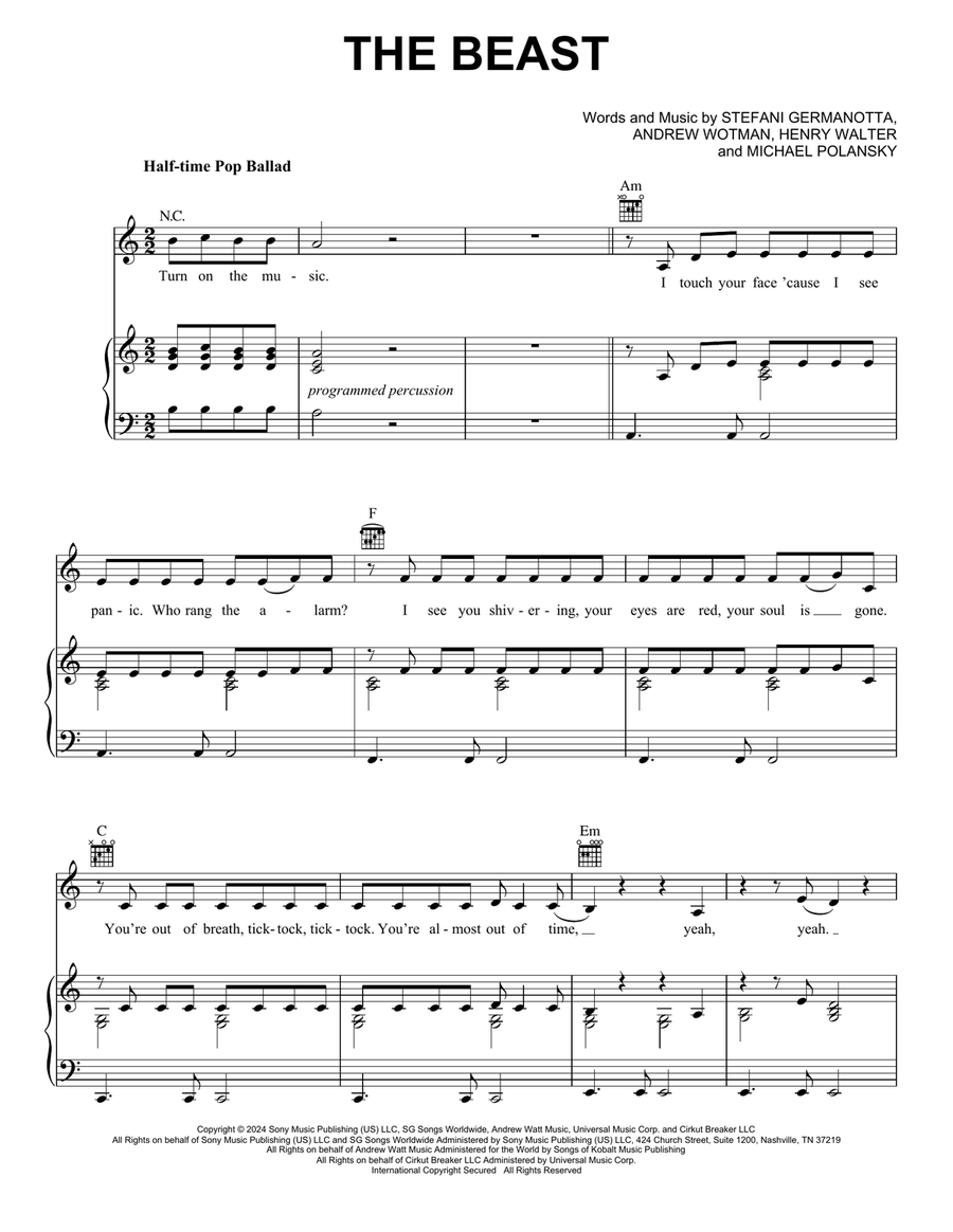 The Beast The Beast Piano, Vocal, Guitar scores gallery preview page 1