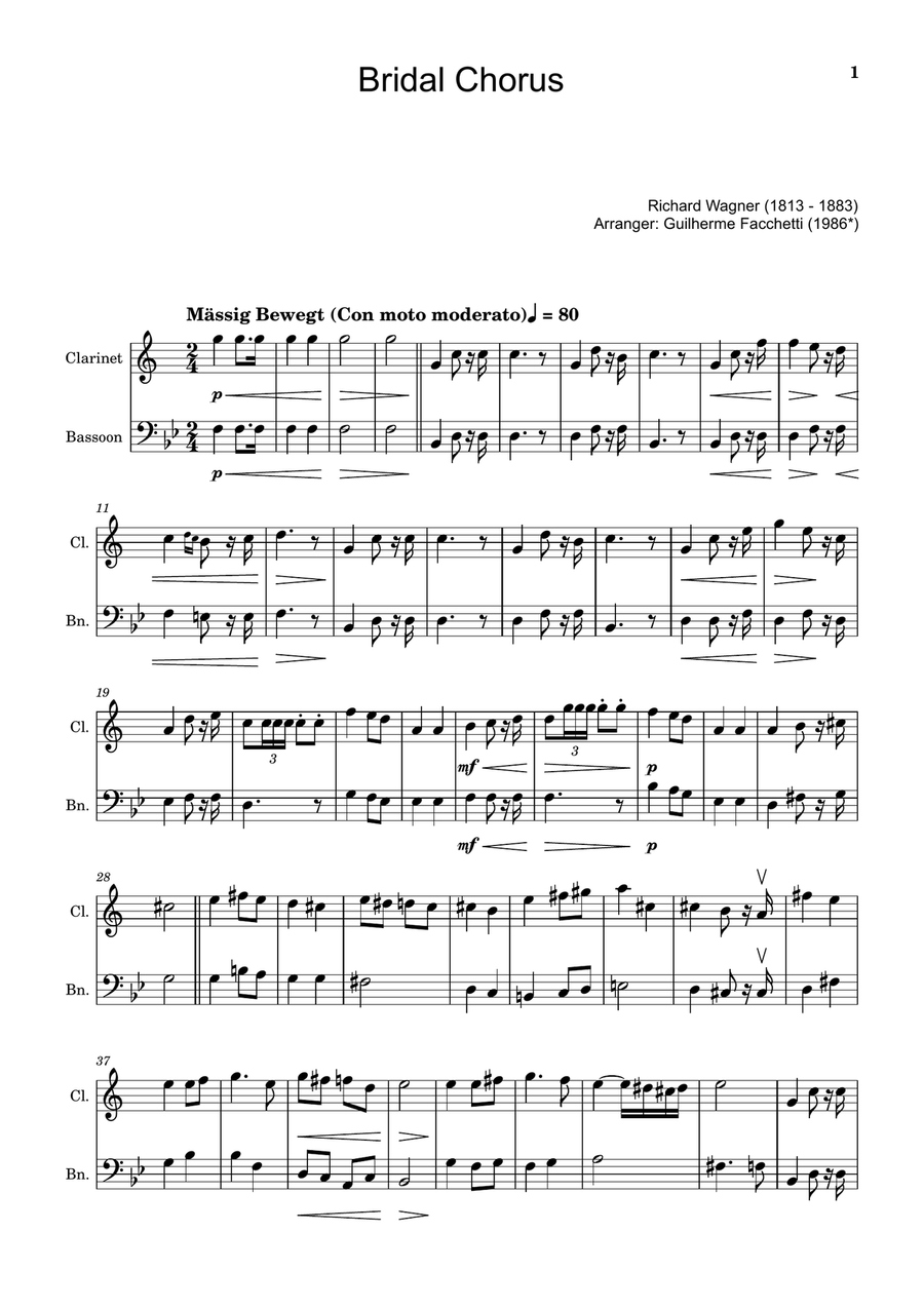 Bridal Chorus. R. Wagner - Arranged for Clarinet and Bassoon Woodwind Duet scores gallery preview page 1