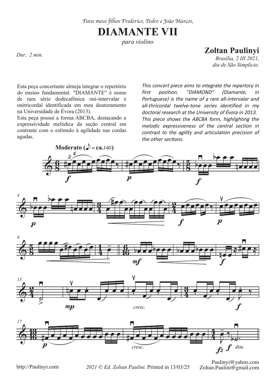 Diamond n.07 for beginner solo violin (1st position) in contemporary style (12-tone series) Violin Solo scores gallery preview page 1
