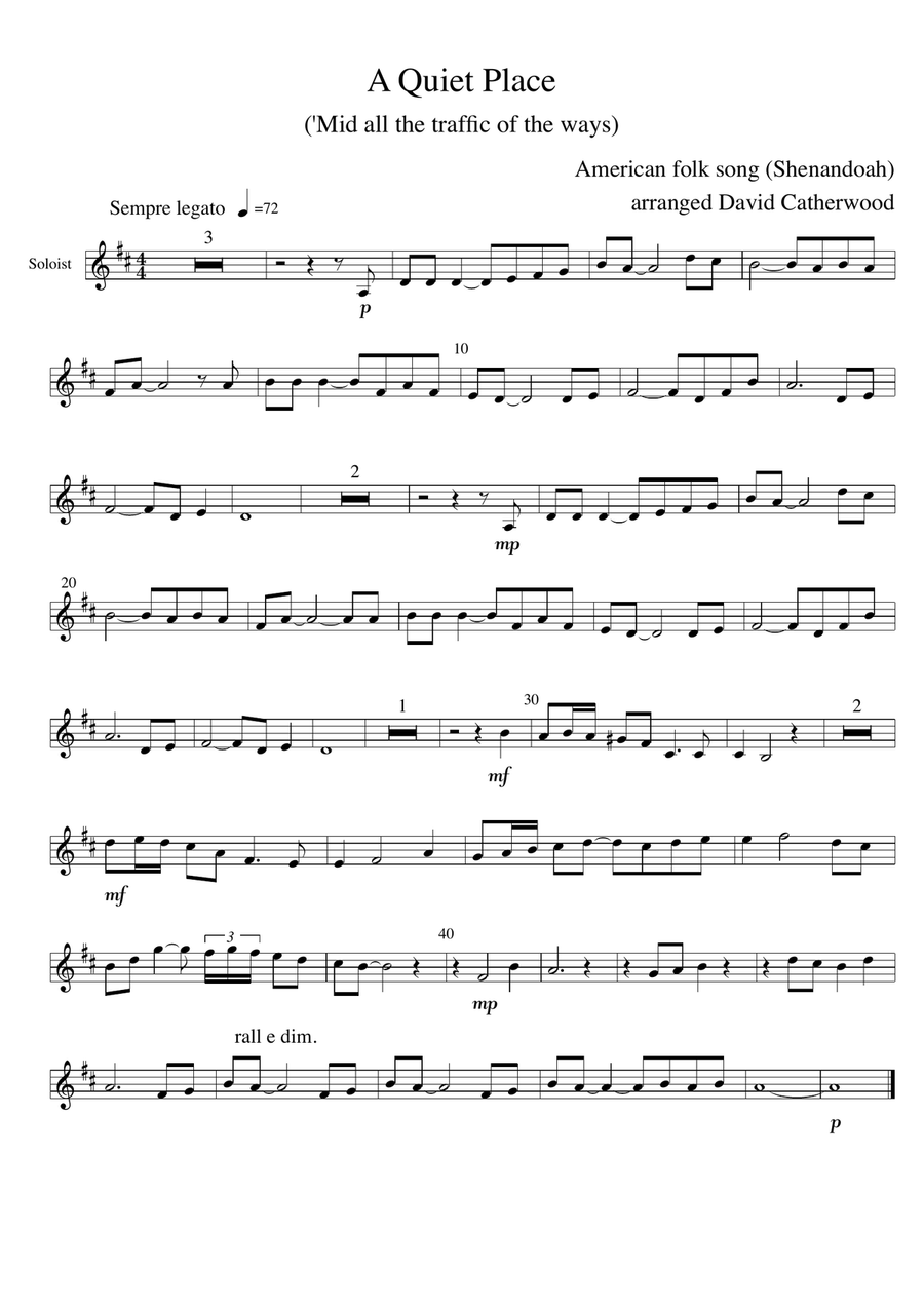 A Quiet Place a - solo for Violin with piano accompaniment (American folk song - Shenandoah) Violin Solo scores gallery preview page 1