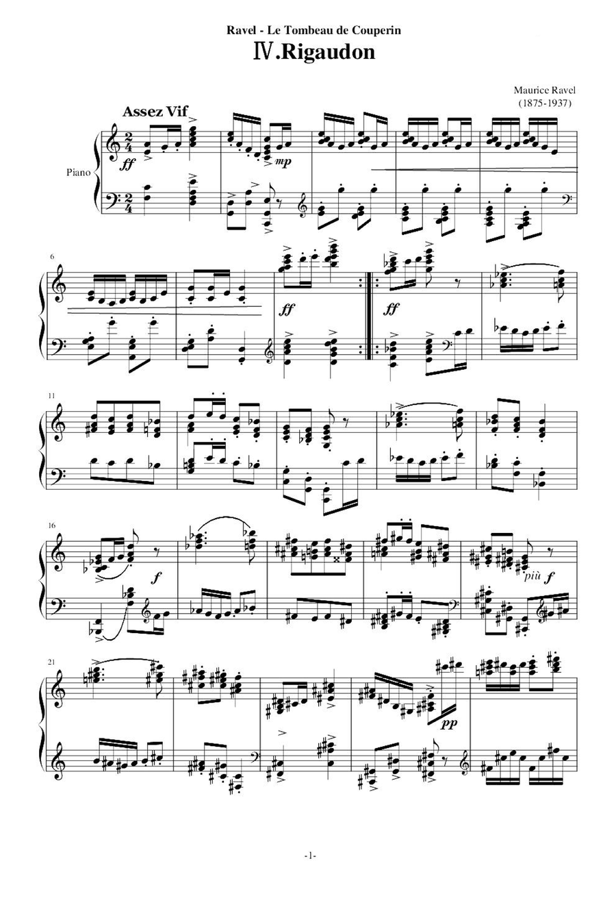 Le Tombeau de Couperin Rigaudon - Maurice Ravel Piano Solo scores gallery preview page 1