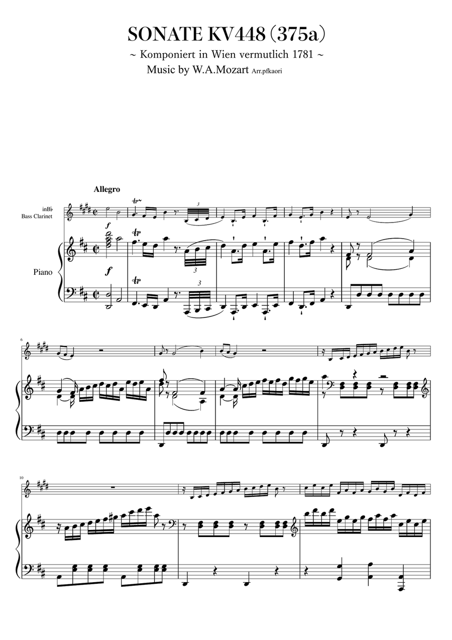 Sonta for 2 Pianos D major KV448 K6.375a / Bass Clarinet & Piano Bass Clarinet scores gallery preview page 1