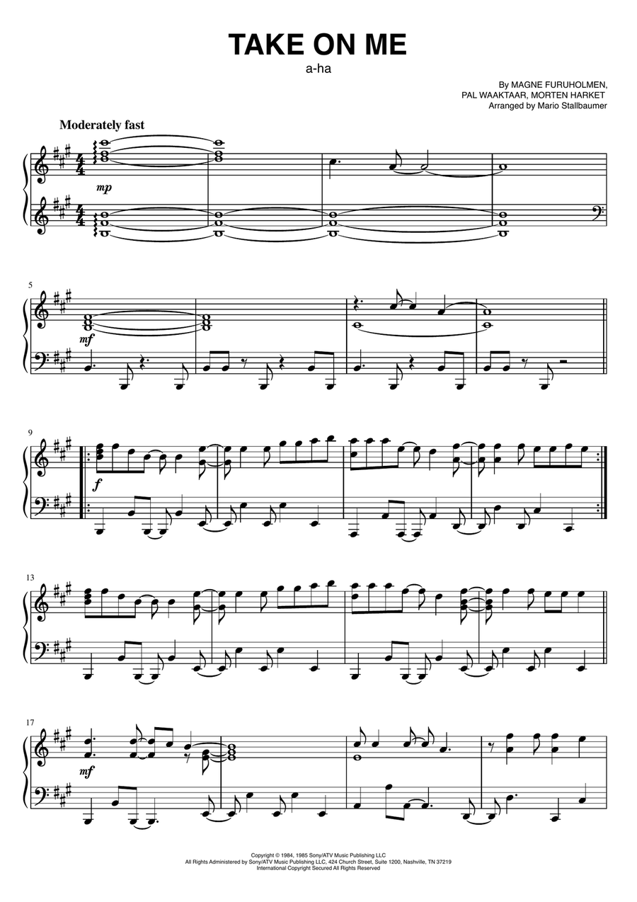 Take On Me Piano Solo scores gallery preview page 1