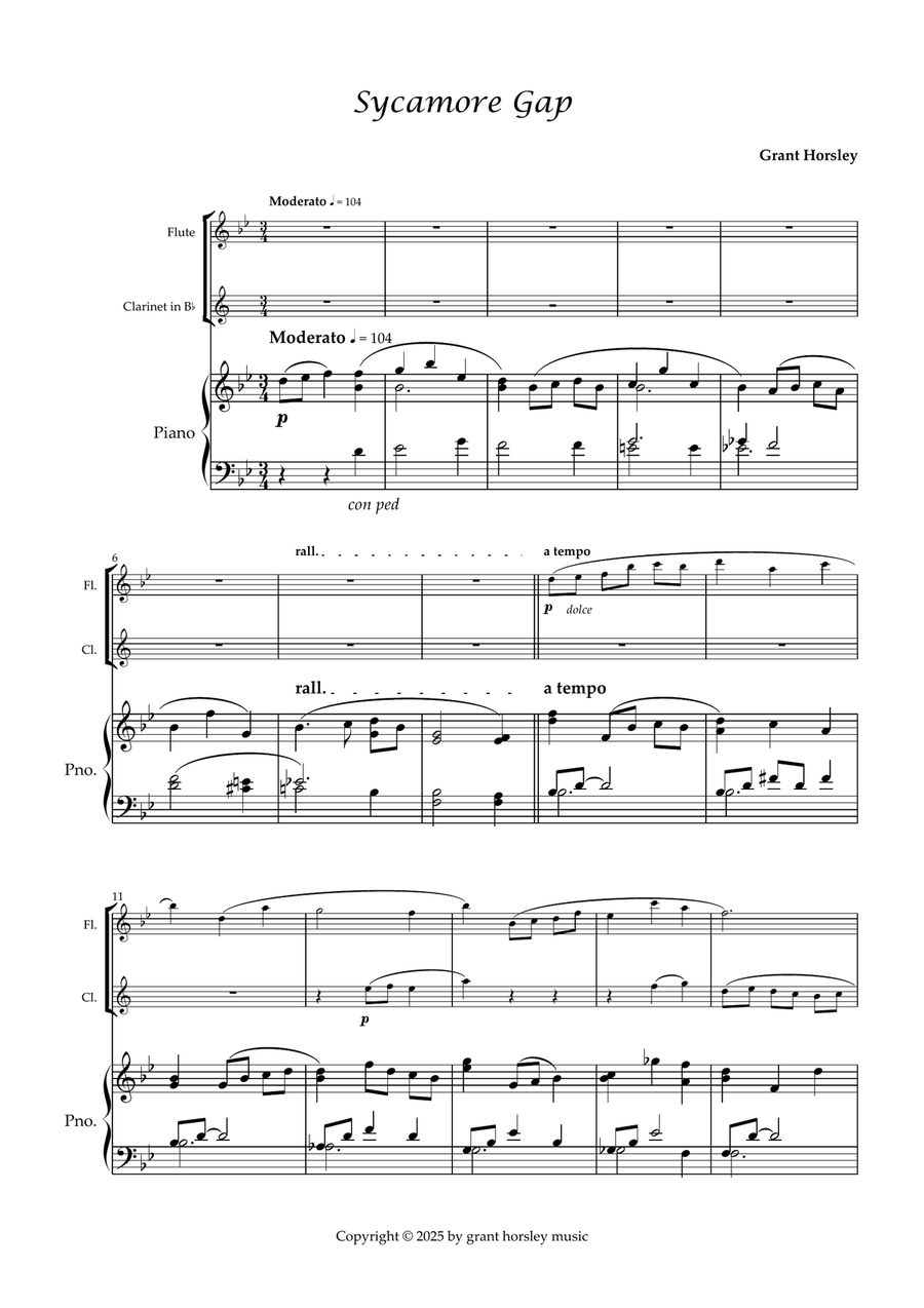 Sycamore Gap. Original for Flute, Clarinet and Piano Woodwind Duet scores gallery preview page 2