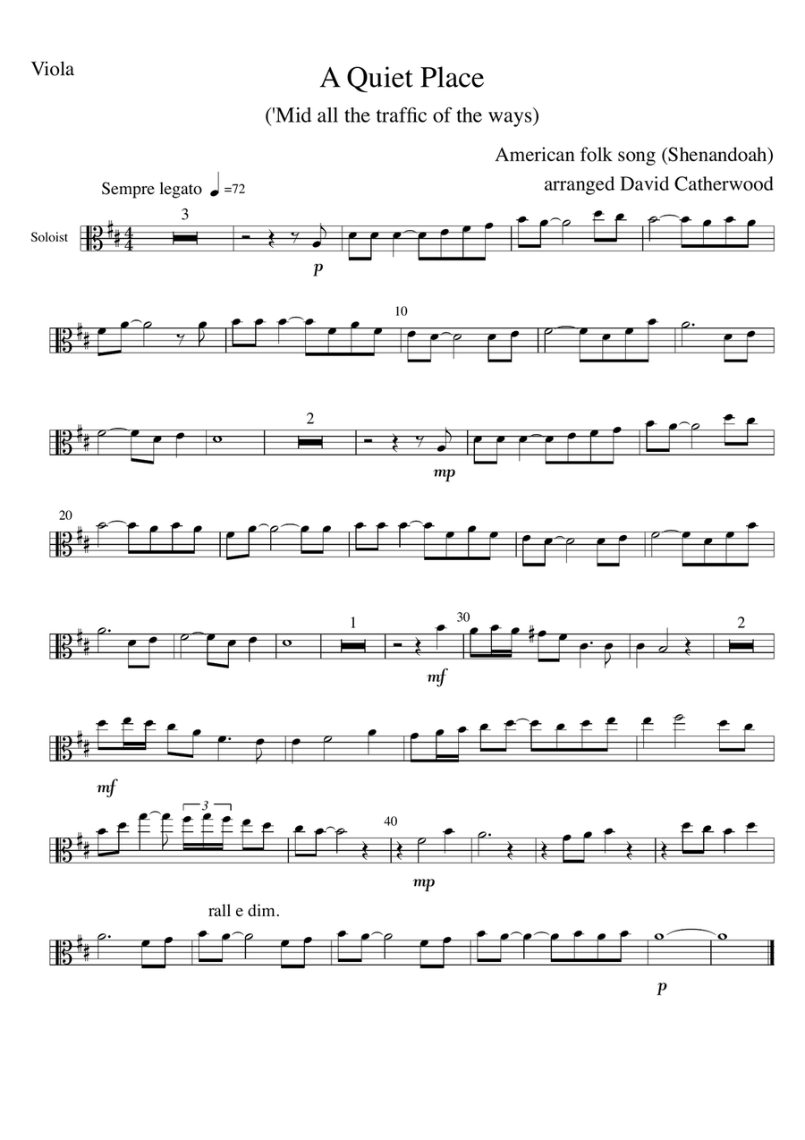 A Quiet Place - a solo for Viola with piano accompaniment (American folk song - Shenandoah) Piano scores gallery preview page 1