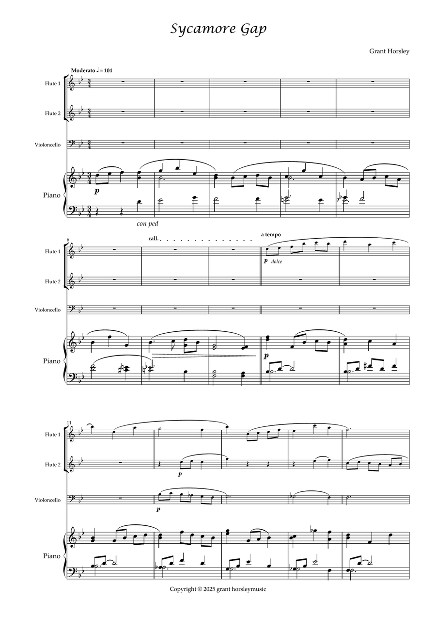 Sycamore Gap. Original for Mixed Quartet.( 2 Flutes, Cello and Piano) Small Ensemble scores gallery preview page 2