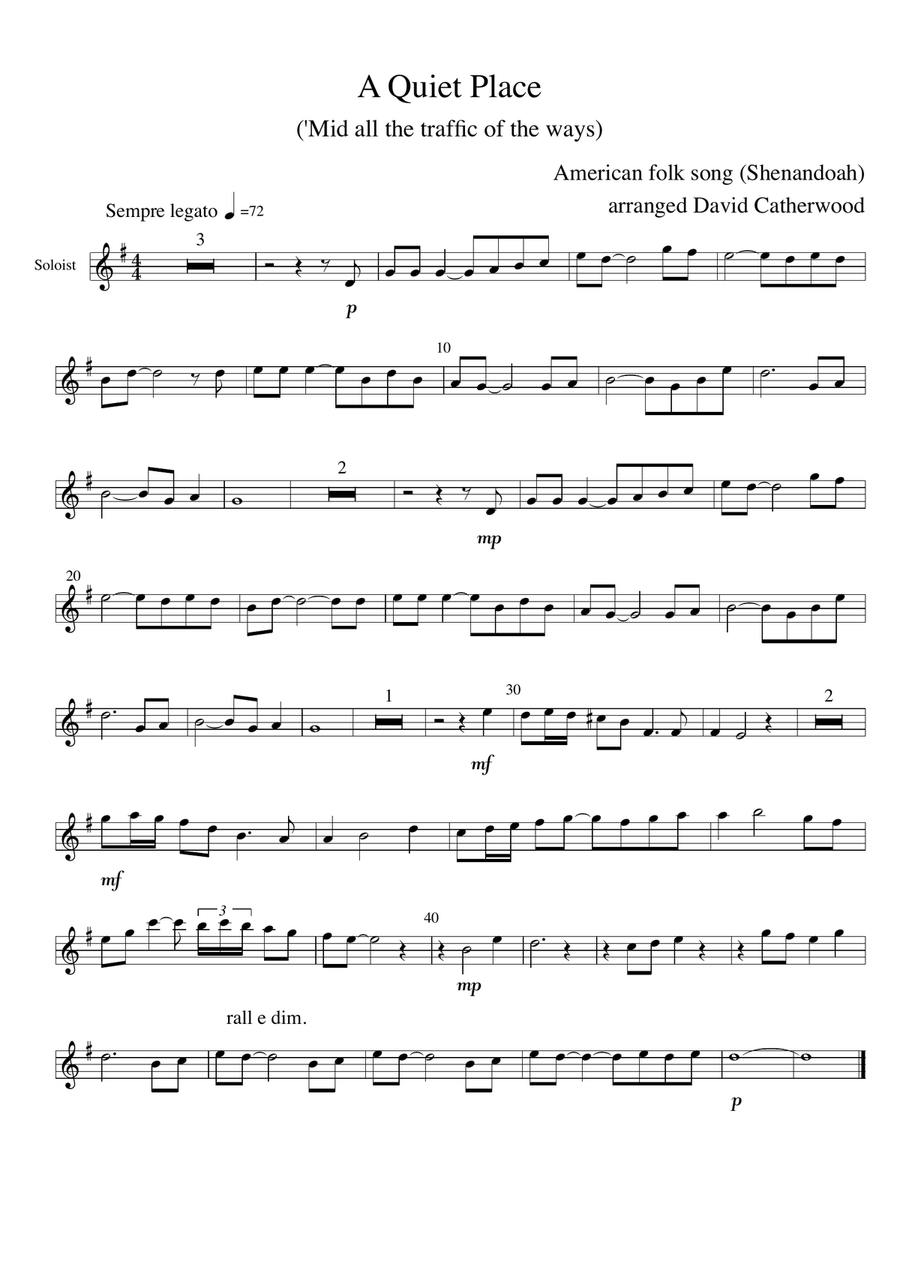 A Quiet Place - solo for Flute (or Oboe) with piano accompaniment (American folk song, Shenandoah) Flute Solo scores gallery preview page 1