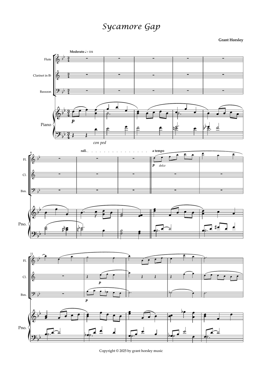 Sycamore Gap. Original for Wind Trio and Piano. (Flute, Clarinet, Bassoon and Piano) Small Ensemble scores gallery preview page 2