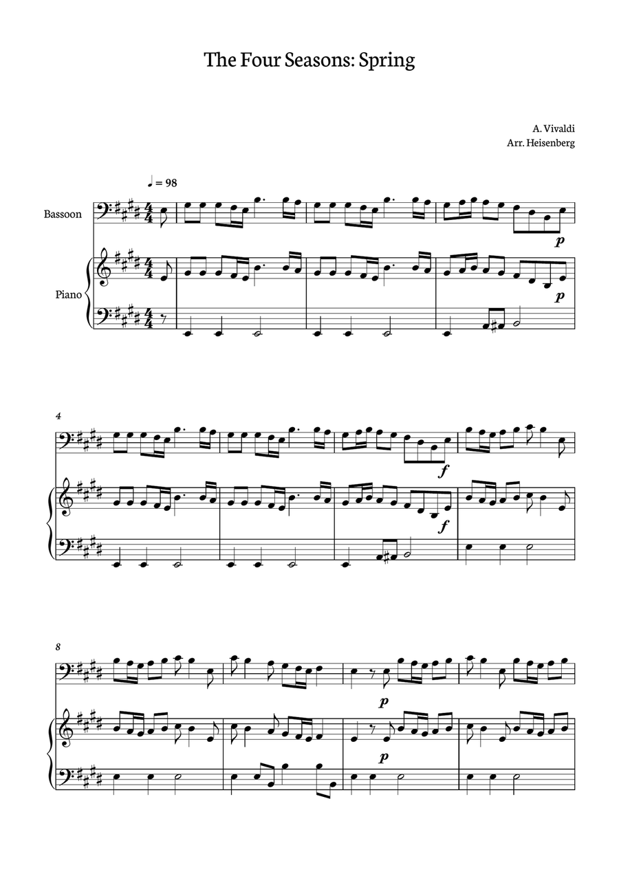 Spring - 4 Seasons Vivaldi for Bassoon with accompaniment (original Key) Bassoon scores gallery preview page 1
