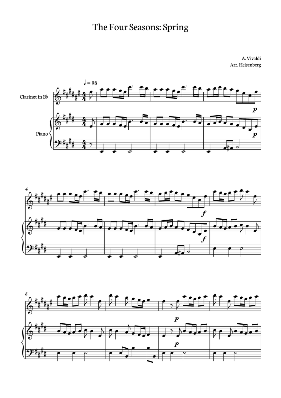 Spring - 4 Seasons Vivaldi for Clarinet with accompaniment (original Key) B-Flat Clarinet scores gallery preview page 1