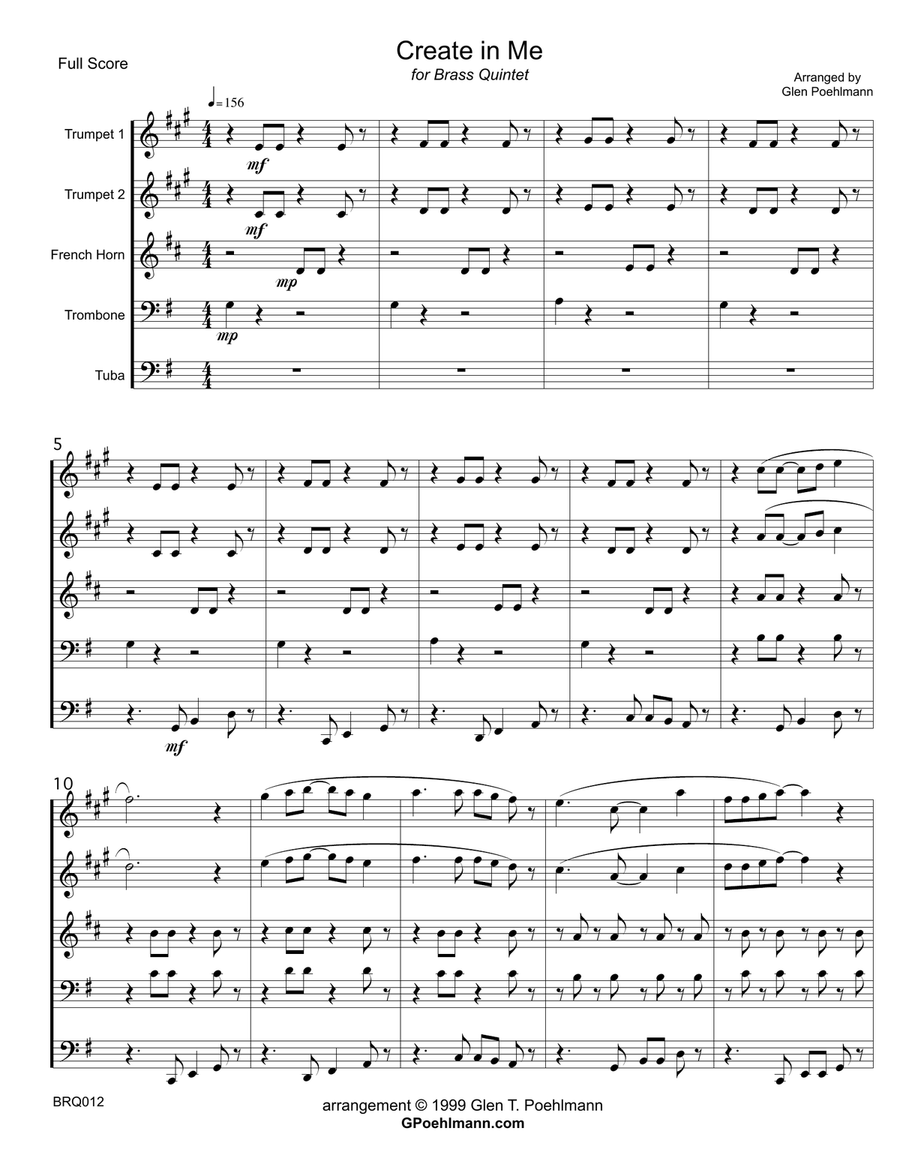 CREATE IN ME A CLEAN HEART - Brass Quintet (unaccompanied) Brass Quintet scores gallery preview page 1