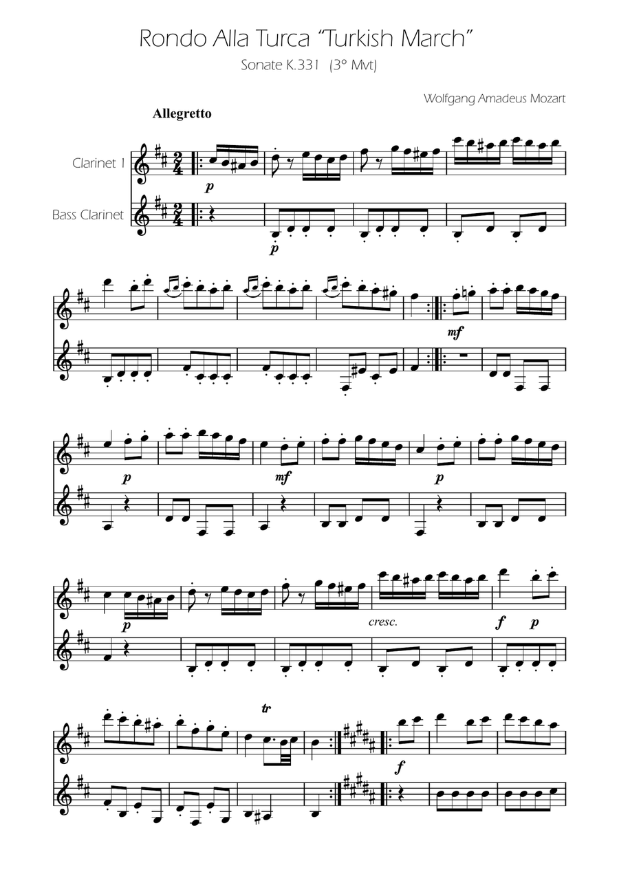 Turkish March - Clarinet and Bass Clarinet Duet Clarinet Duet scores gallery preview page 1