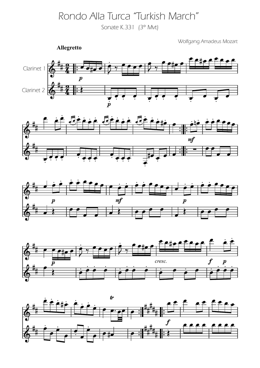Turkish March - Clarinet Duet Clarinet Duet scores gallery preview page 1