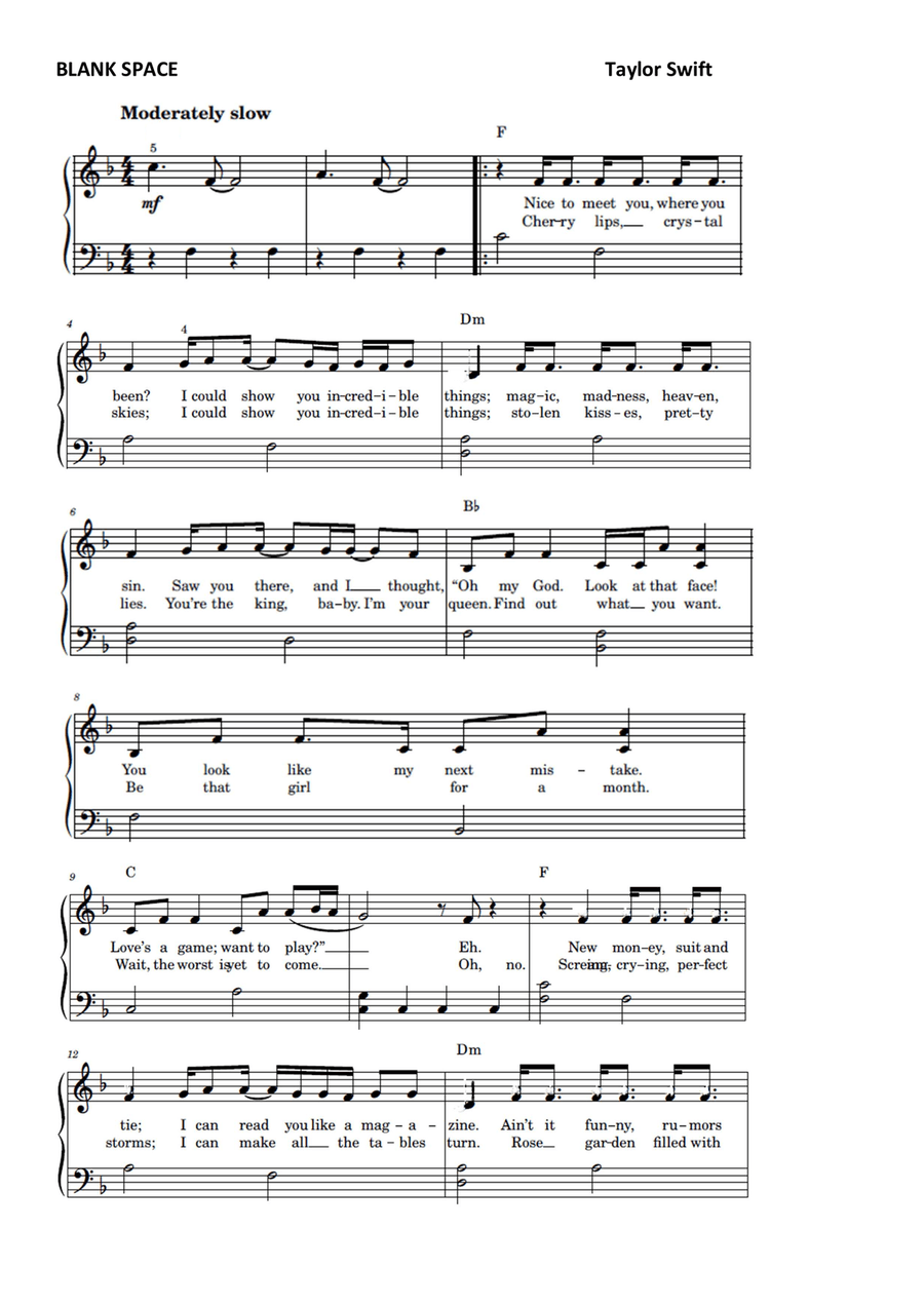Blank Space Blank Space Easy Piano scores gallery preview page 1