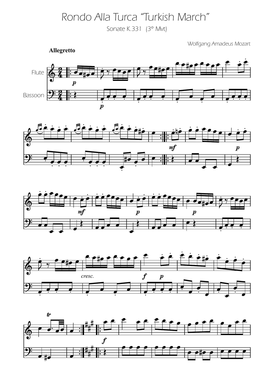 Turkish March - Flute and Bassoon Duet Woodwind Duet scores gallery preview page 1