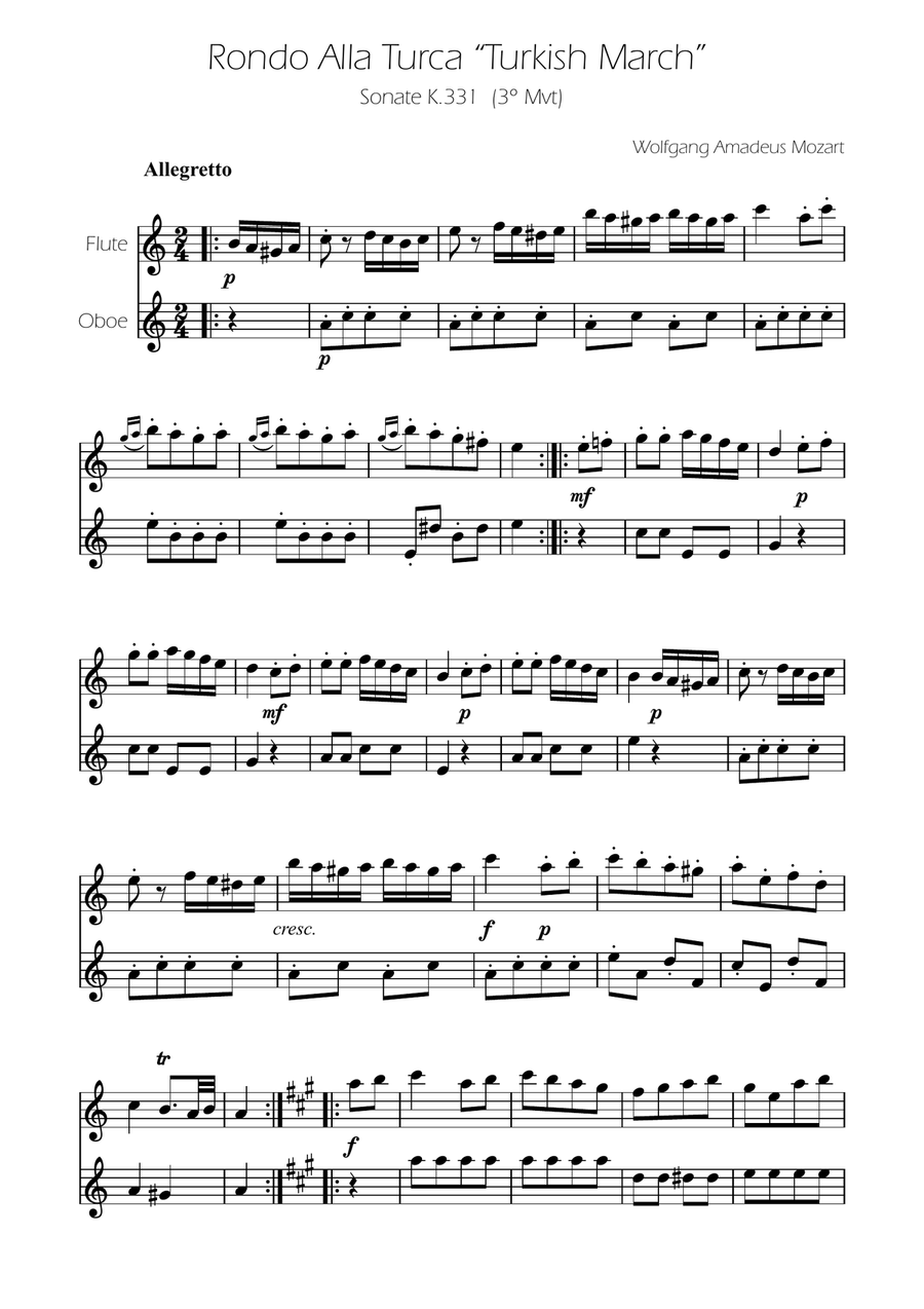 Turkish March - Flute and Oboe Duet Woodwind Duet scores gallery preview page 1