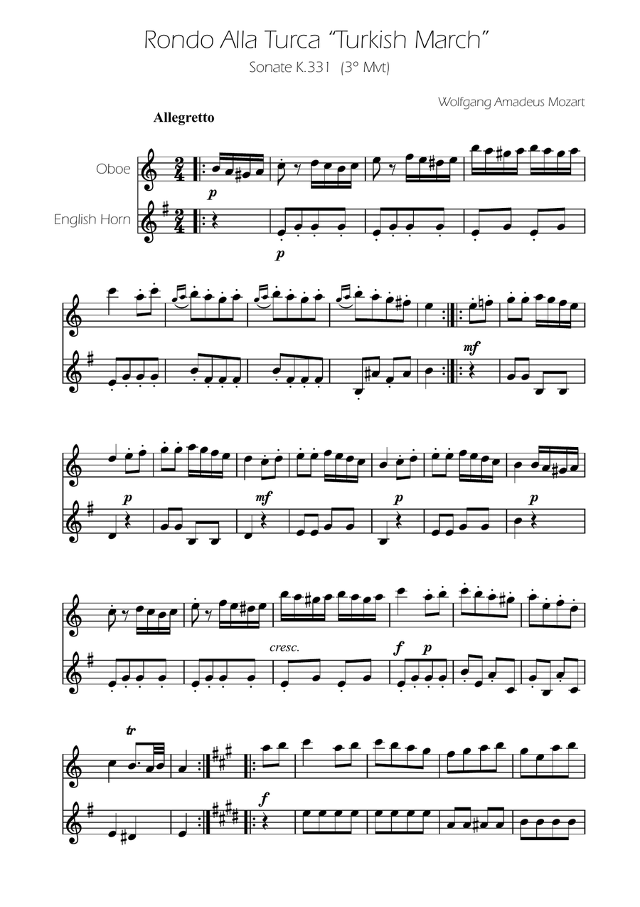 Turkish March - Oboe and English Horn Duet Woodwind Duet scores gallery preview page 1