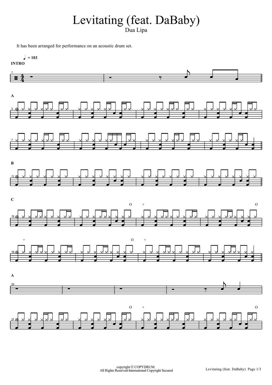 Levitating (Feat. Dababy) Drum Set scores gallery preview page 1