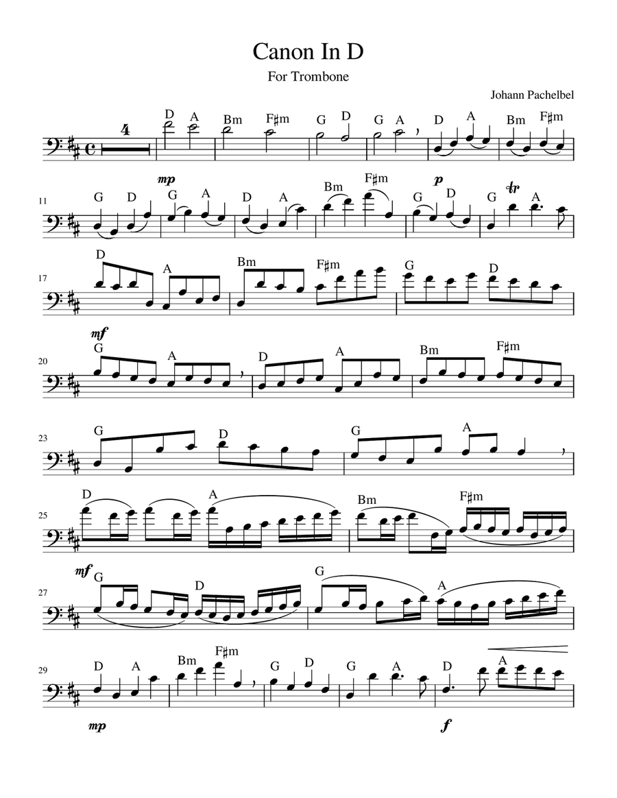 Canon In D (Trombone Lead Sheet with chords) Trombone scores gallery preview page 1
