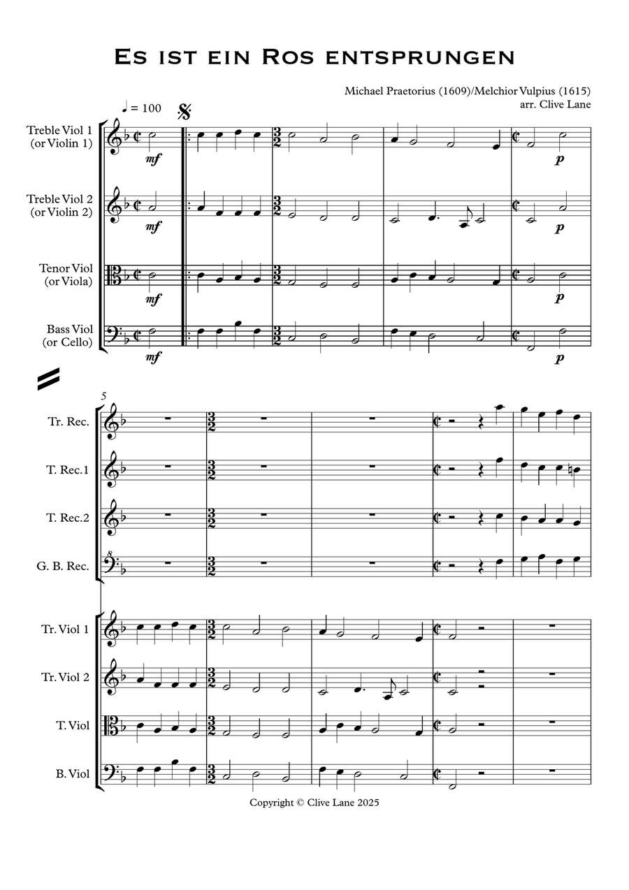Es ist ein Ros Entsprungen (Lo, how a rose e'er blooming) for recorder quartet and string quartet Large Ensemble scores gallery preview page 3
