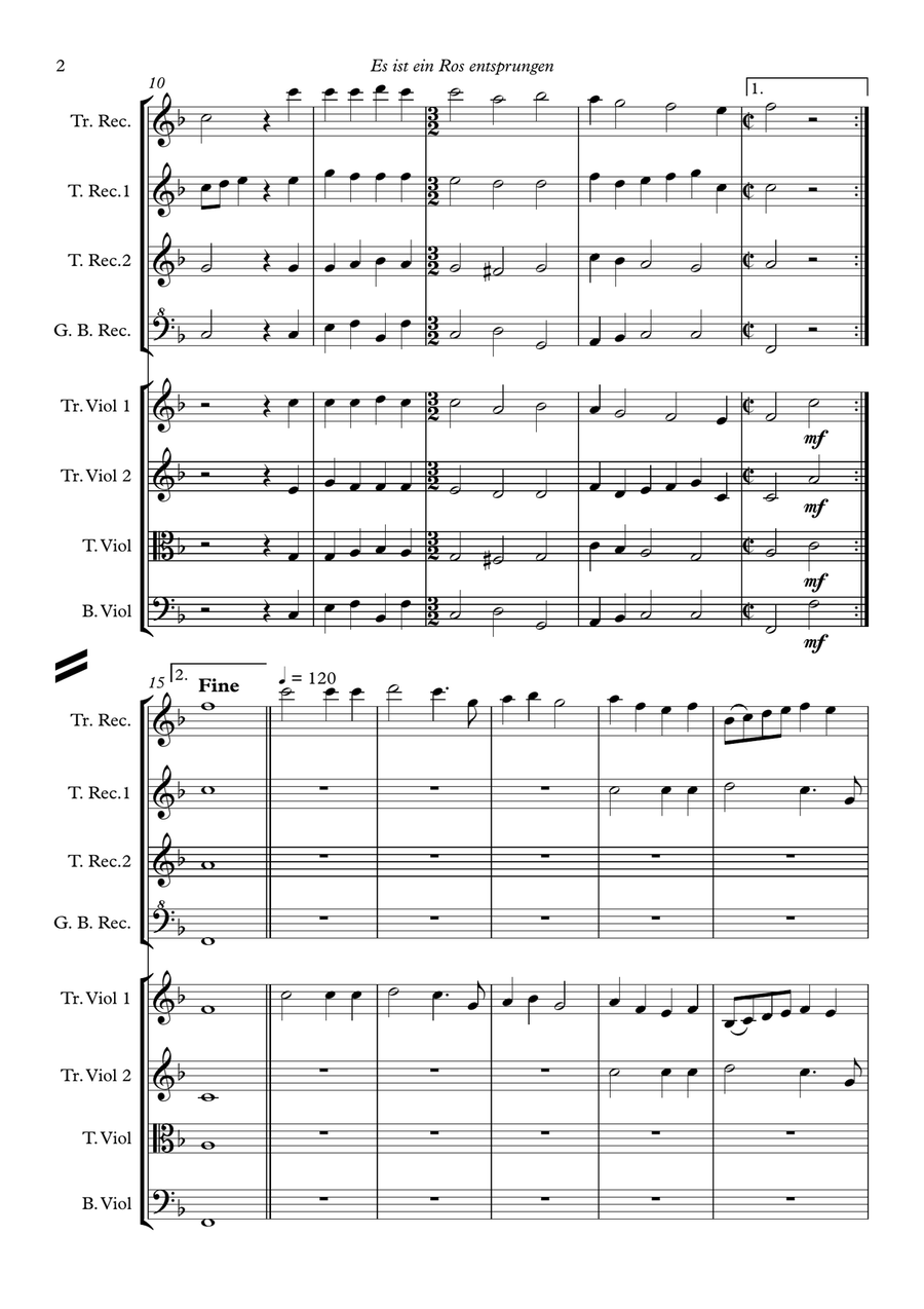 Es ist ein Ros Entsprungen (Lo, how a rose e'er blooming) for recorder quartet and string quartet Large Ensemble scores gallery preview page 4